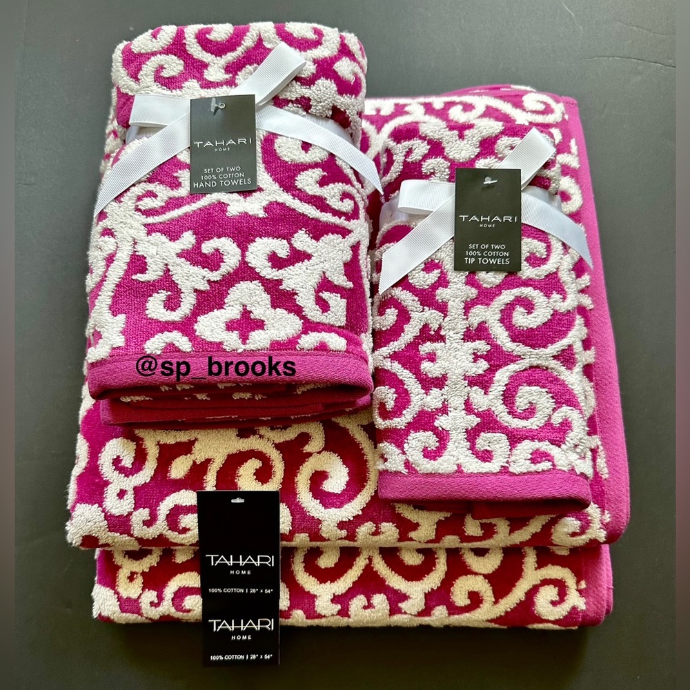🎁6PC Tahari Bath Towel Set -Fuchsia Scrolls Decorative Towels- Reginazt - Cotton